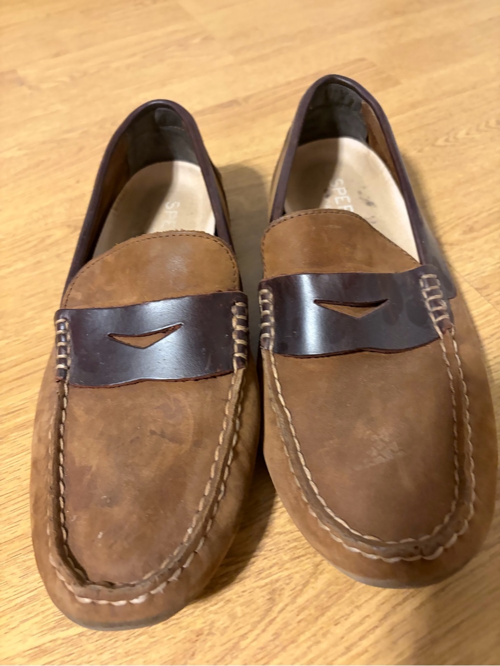 menโs Sperry Two-Tone Brown Leather Penny Loafers - 10.5